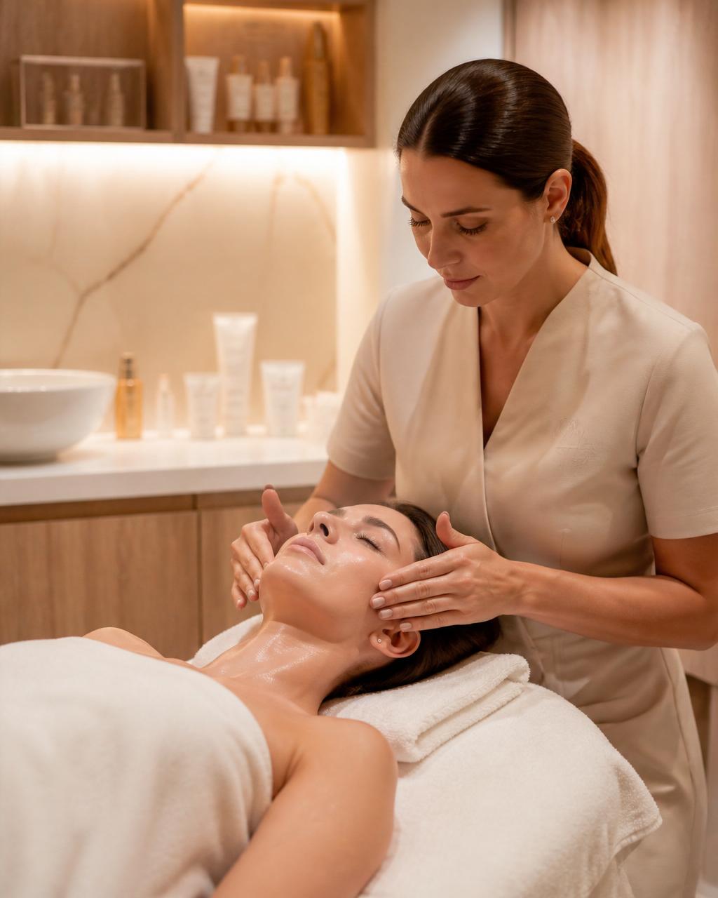 Esthéticienne réalisant un soin du visage dans un institut de beauté haut de gamme